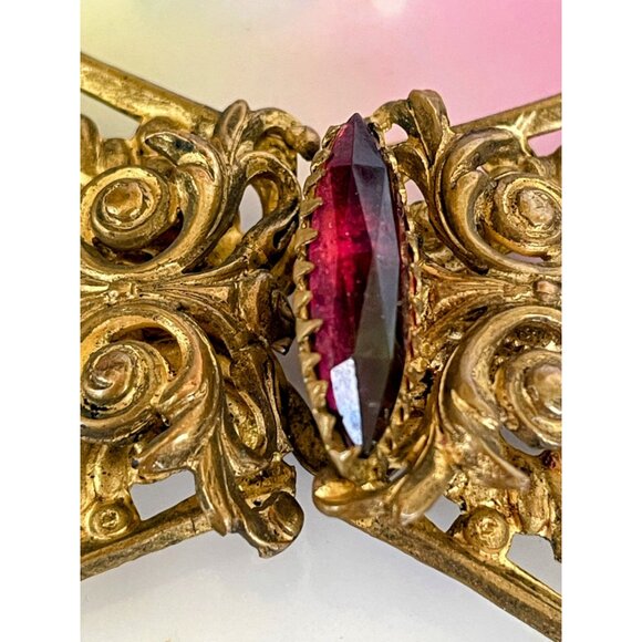 Antique Victorian OrnateBrass Dress Buckle With Ruby Red Glass Stone - Picture 5 of 8